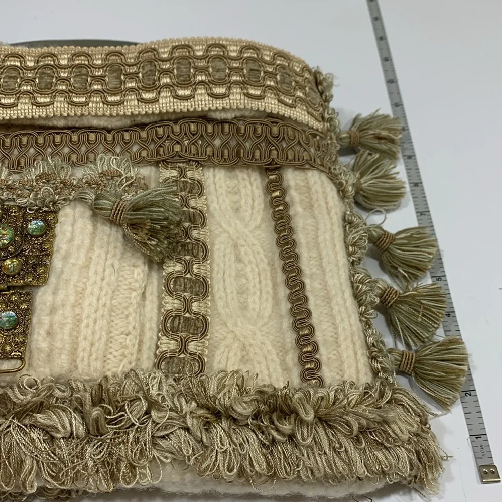 Bohemian Tassel & Embellished Gold & Cream Handbag Purse - Picture 9 of 10